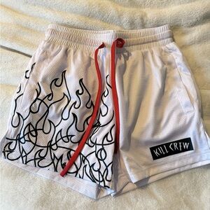 Kill Crew White Shorts with Black Flames and Red Accents